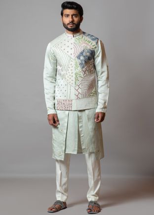 Green Linen Asymmetric Kurta Pajama & Jacket