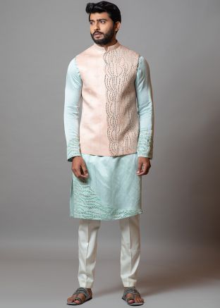 Blue Embroidered Linen Kurta Pajama & Nehru Jacket