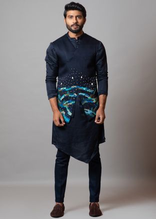 Blue Asymmetric Embroidered Kurta Pajama & Jacket