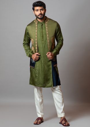 Green Linen Embroidered Kurta Pajama & Jacket