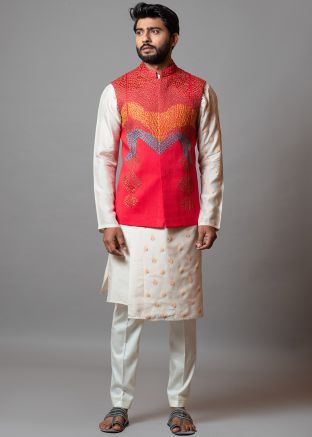 Cream Art Silk Embroidered Kurta Pajama With Jacket