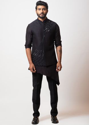 Black Asymmetric Kurta Pajama With Jacket