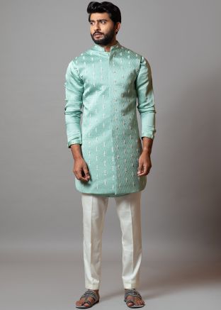 Blue Linen Kurta Pajama With Long Jacket