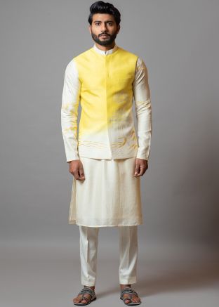 Cream Kurta Pajama & Jacket In Art Silk