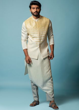 Cream Asymmetric Kurta Pajama With Jacket