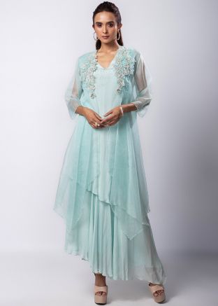 Blue Beads Work Dress With Jacket