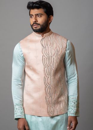 Peach Mens Nehru Jacket In Linen