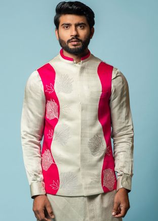 Grey Embroidered Linen Nehru Jacket