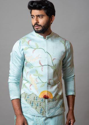 Blue Asymmetric Embroidered Nehru Jacket