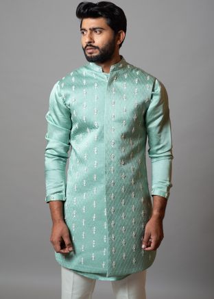 Green Embroidered Long Nehru Jacket