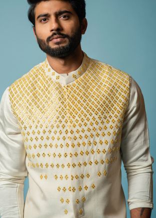 Cream Art Silk Nehru Jacket For Mens