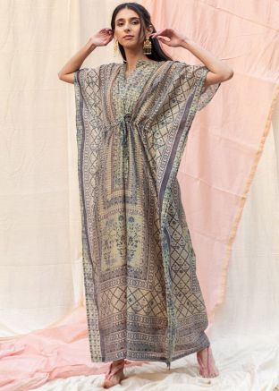 Readymade Grey Printed Kaftan In Silk