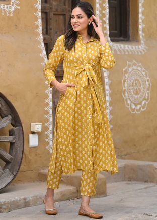 Readymade Yellow Printed Cotton Kurta Set