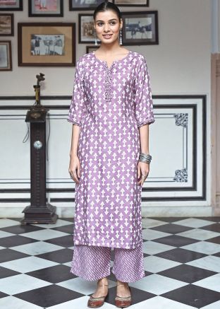 Purple Printed Kurta Set In Cotton