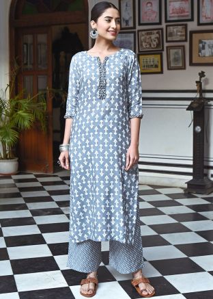 Grey Printed Kurta Set In Cotton