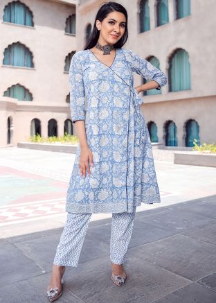 Sky Blue Kurta Set In Floral Print
