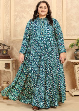 Blue Readymade Digital Printed Rayon Kurta