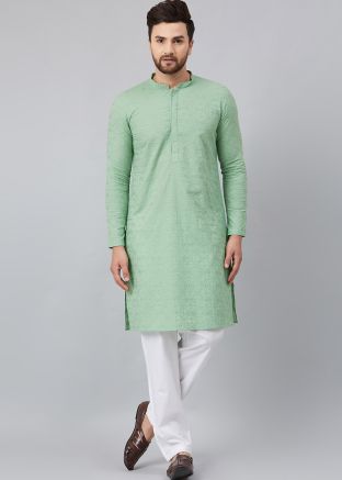 Green Mens Kurta Pajama In Cotton