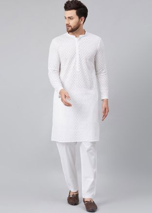 White Cotton Kurta Pajama In Chikankari Work