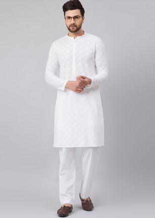 White Chikankari Work Cotton Kurta Pajama
