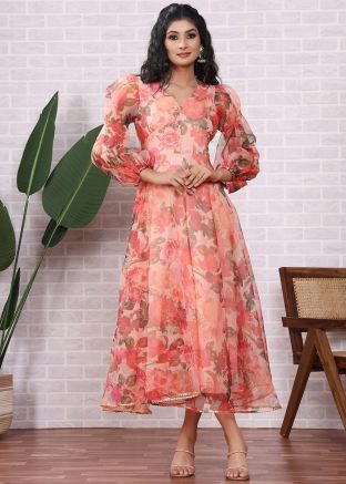 Peach Floral Printed Organza Dress