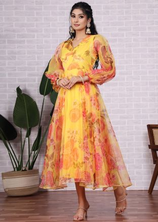 Yellow Floral Printed Organza Dress