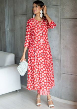 Red Digital Print Kurta With Palazzo