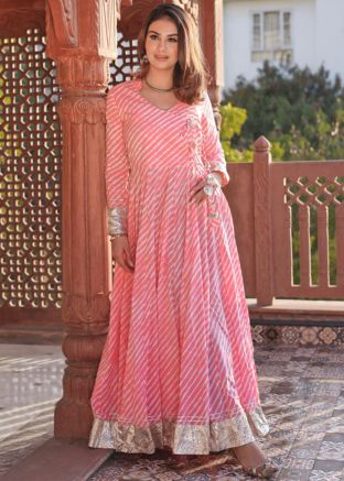 Pink Leheria Printed Long Kurta In Cotton