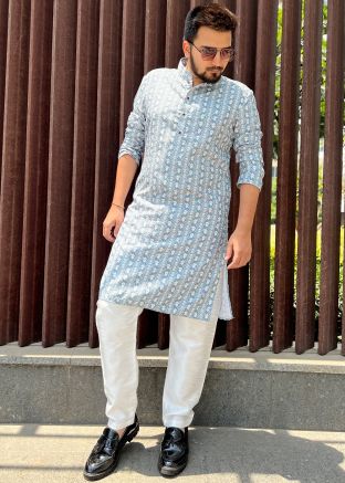 Blue Sequins Embellished Kurta Pajama Set In Cotton