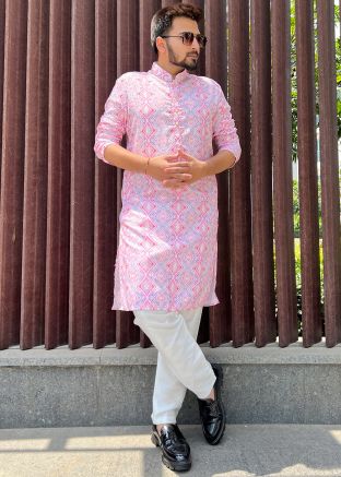 Pink Sequins Embroidered Kurta & Churidar Set