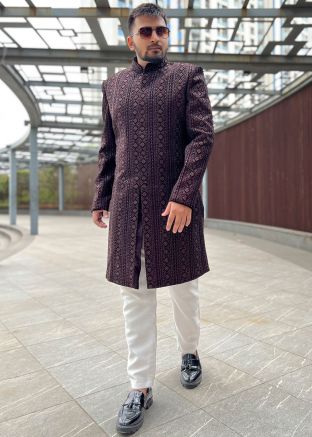 Maroon Embroidered Indo Western Sherwani Set