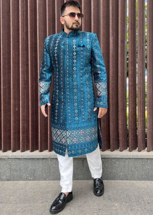 Blue Embroidered Velvet Sherwani Set For Men