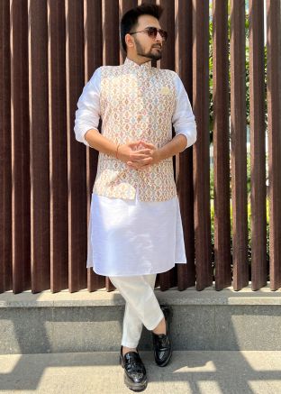 Beige Mens Printed Nehru Jacket In Cotton