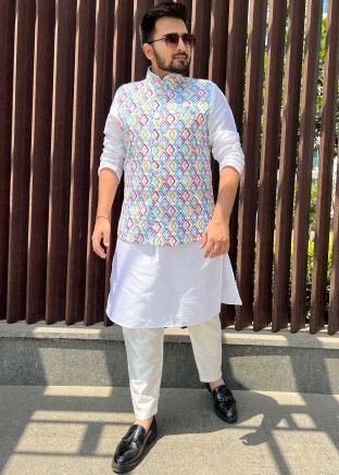 White Mens Printed Cotton Nehru Jacket