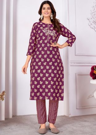 Purple Printed Kurta Set In Silk