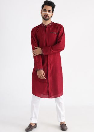 Readymade Maroon Embroidered Mens Kurta Pajama