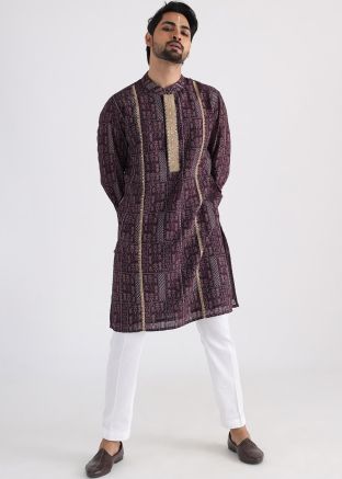 Mens Brown Printed Kurta Pajama Set