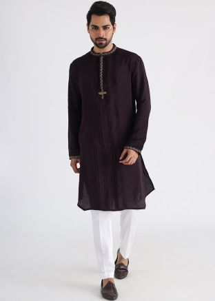 Brown Embroidered Mens Kurta & Pajama Set
