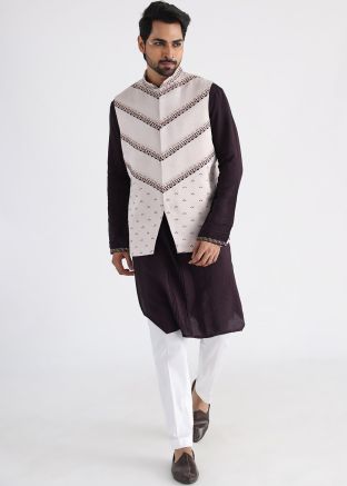 Brown Embroidered Kurta Pajama & Nehru Jacket