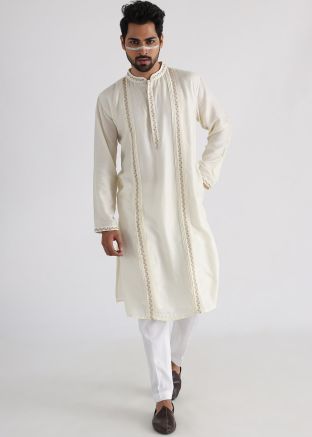 Off White Mens Embroidered Kurta & Pajama Set