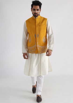 Off White Kurta Pajama & Embroidered Nehru Jacket