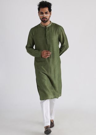Green Pintucks Detailed Kurta Pajama Set