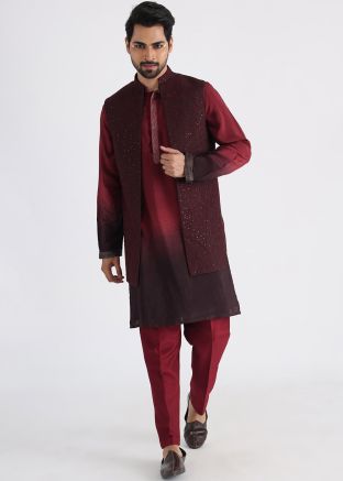 Shaded Maroon Kurta Pajama & Embroidered Nehru Jacket