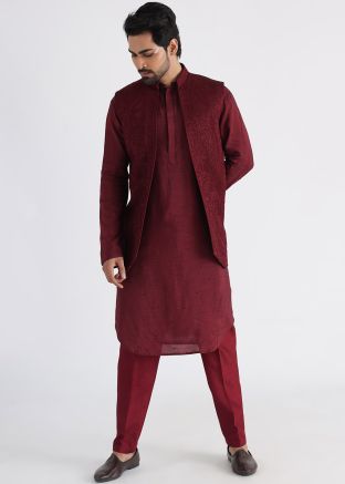 Maroon Embroidered Kurta Pajama & Nehru Jacket