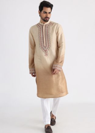 Off White Embroidered Mens Kurta Pajama Set