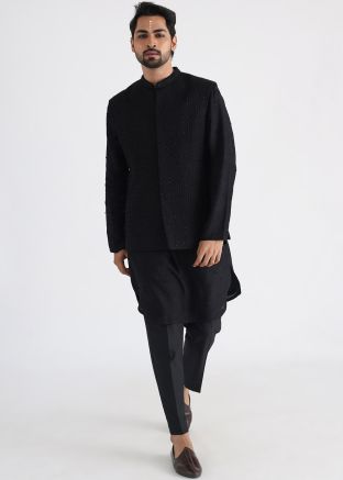 Black Embroidered Kurta Pajama & Nehru Jacket