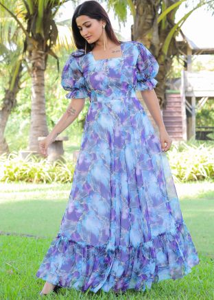 Blue Digital Printed Dress In Georgette