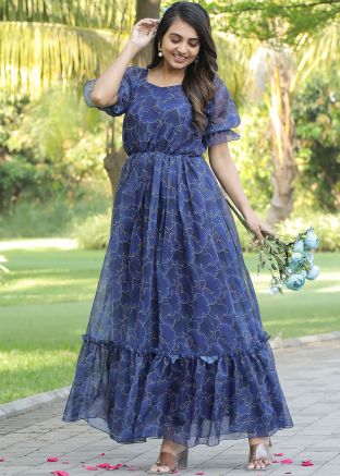 Blue Digital Printed Dress In Georgette