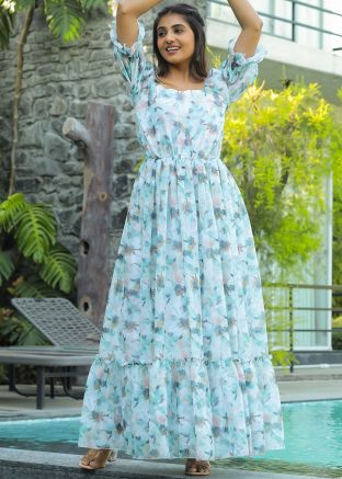 Blue Digital Printed Dress In Georgette