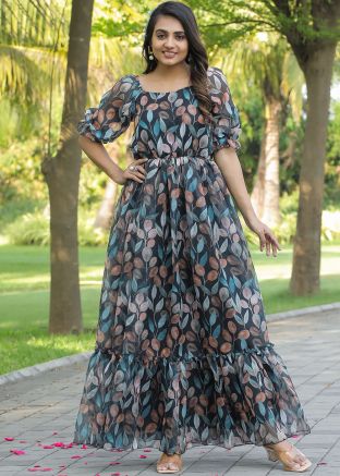 Black Digital Printed Dress In Georgette